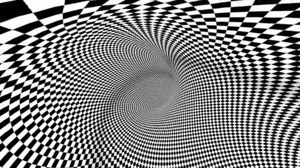 Boucle sans couture 4k. Illusion optique hypnotique trou de ver noir et blanc. Tunnel vortex damier fond. Trou de ver à carreaux tournant. — Video