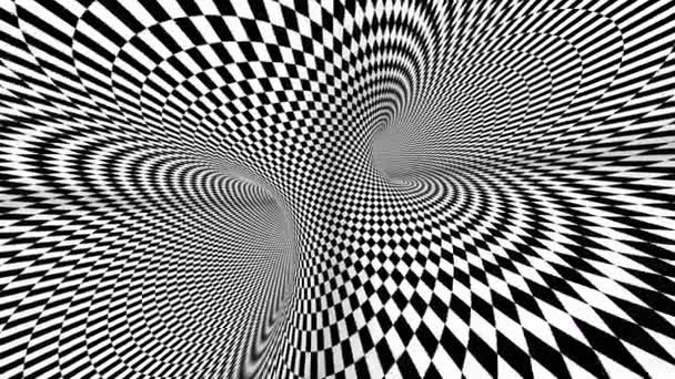 4k Bezešvé smyčky. Šachová iluze geometrický kaleidoskop. Červí díra. Černobílý optický iluzní tunel. Pohybující se šachovnice. — Stock video