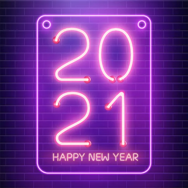 2021 Happy New Year neon lamps on brick wall. Pink neon on blue brick background. Vector illustration. — Stock Vector