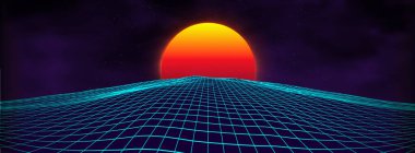 80 'lerin geçmişe dönük manzarası. Fütürist neon 1980 tarzı. Siber yüzey. Parti geçmişi. Retro 80 'lerin moda bilimkurgu yaz manzarası.