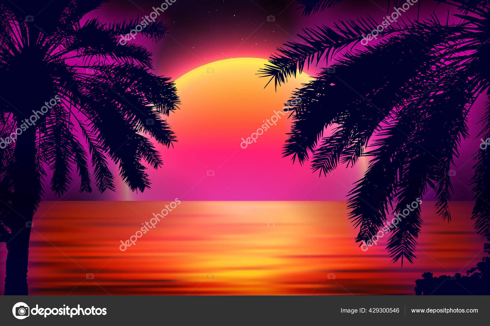 ビーチでの3D夕日。海とのレトロなヤシのベクトルSFの背景。水の中の太陽の反射。未来的景観1980年代スタイル。デジタルランドスケープサイバー表面。80年代のパーティーの背景.  ストックベクター ©DamienGeso 429300546, image size:1600x1064