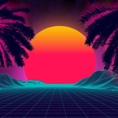 Sahilde 3 gün batımı. Retro palmiye vektörü bilim kurgu geçmişi. Dijital manzara siber yüzeyi. 80 'lerin parti geçmişi.