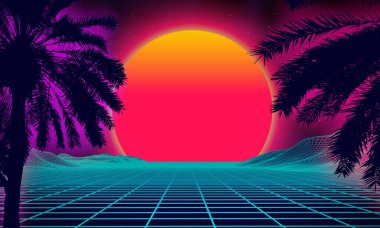 Sahilde 3 gün batımı. Retro palmiye vektörü bilim kurgu geçmişi. Dijital manzara siber yüzeyi. 80 'lerin parti geçmişi.
