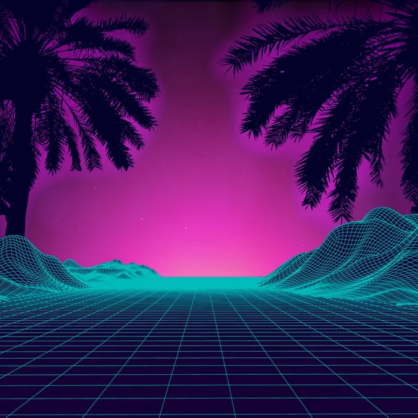 3d tramonto sulla spiaggia. Retro palme vettore sci fi sfondo. Paesaggio digitale superficie cibernetica. Sfondo festa anni '80. — Vettoriale Stock