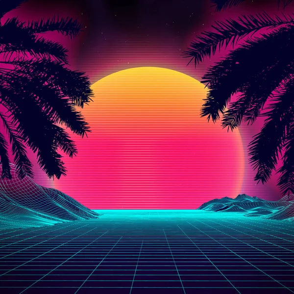 Puesta de sol 3d en la playa. Palmas retro vector sci fi fondo. Superficie cibernética del paisaje digital. Fondo de fiesta de los 80. — Vector de stock