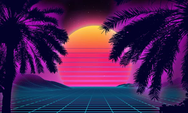 3D západ slunce na pláži. Retro palmy vektor sci fi pozadí. Digitální krajinný kybernetický povrch. 80s strana pozadí. — Stockový vektor