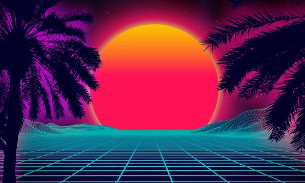 Puesta de sol 3d en la playa. Palmas retro vector sci fi fondo. Superficie cibernética del paisaje digital. Fondo de fiesta de los 80. — Vector de stock