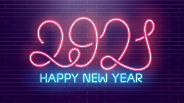 2021 Gelukkig Nieuwjaar neon lampen op bakstenen muur. Roze neon op blauwe bakstenen achtergrond. Nieuwjaarsvakantie belettering. Vectorillustratie. — Stockvector