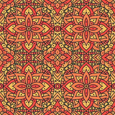 Hint mandala desenli kusursuz vektör tasarımı. Kumaş için kusursuz bir şablon. Oryantal soyut turuncu çiçek deseni.