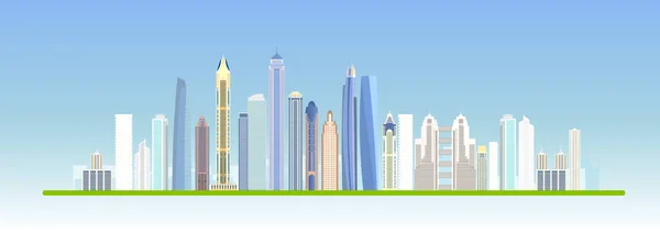 Проектирование плоского векторного городского здания. Городской пейзаж. Городской пейзаж с высокими небоскребами. Векторная иллюстрация. EPS 10 — стоковый вектор