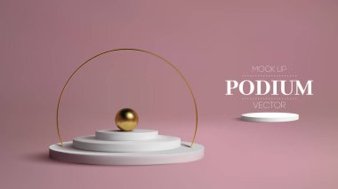 Pembe arka planda altın çerçeveli podyum. 3d altın küre vektörü. Ödül sahibi Platform Stüdyosu 3d Vektör Sahnesi.