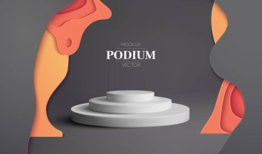 Kağıt kesiği sanat vektörü 3D. 3D podyum lüks platform vektör modellemesi. Siyah ve sarı kağıt kesim geçmişi. Ürün sunum görüntüsü.