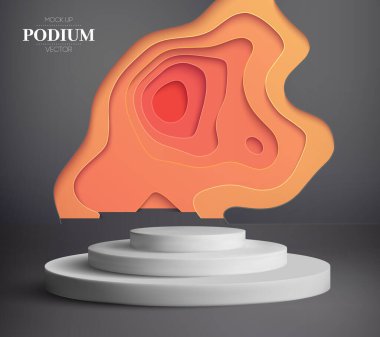 Kağıt kesiği sanat vektörü 3D. 3D podyum lüks platform vektör modellemesi. Siyah ve sarı kağıt kesim geçmişi. Ürün sunum görüntüsü.