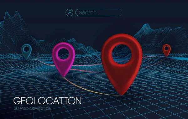 3d map navigation pointers vector 3d illustration. Wireframe landscape business concept. 3d vector background technology background. — Stock Vector