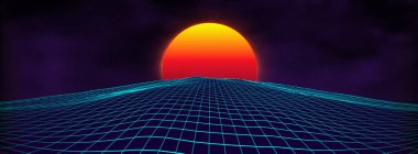 80 'lerin geçmişe dönük manzarası. Fütürist neon 1980 tarzı. Siber yüzey. Parti geçmişi. Retro 80 'lerin moda bilimkurgu yaz manzarası.