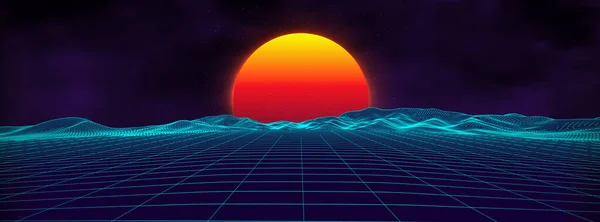 80 'lerin geçmişe dönük manzarası. Fütürist neon 1980 tarzı. Siber yüzey. Parti geçmişi. Retro 80 'lerin moda bilimkurgu yaz manzarası.