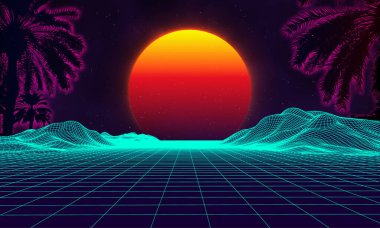 Mor arka planda avuç içi retro. Klasik bilgisayar teknolojisi geometrik arka plan. Geleceksel arkaplan 3d vektör illüstrasyonu.