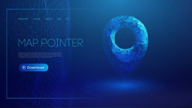 Çevrimiçi teslimat yeri kodu. Dükkan siparişi soyut simgesi. Düşük polimerli GPS navigasyon konum belirleyicisi. Teslimat servis haritası işaretçisi mavi 3D. Çevrimiçi mağaza iğne ucu. Lojistik satış sevkiyatı.