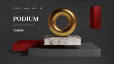 Lüks sahnedeki soyut altın torus. Platform vektörü 3d canlandırma podyumu.