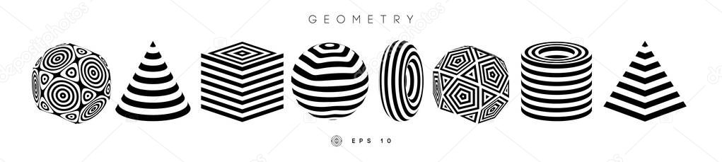 Optical illusion shapes vector set. Pyramid striped. Cylinder and Cube optical abstract black and white lines design. Circle geometric round shapes. Cone vector symbol op art. Stripe modern 3d