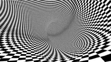 4k kusursuz döngü. Satranç illüzyonu geometrik kaleydoskop. Solucan deliği odası. Siyah ve beyaz optik illüzyon tüneli. Checkerboard hareket ediyor.