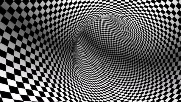 Lazo inconsútil 4k. Caleidoscopio geométrico de ilusión de ajedrez. Cuarto del agujero de gusano. Túnel de ilusión óptica en blanco y negro. Tablero de cuadros en movimiento. — Vídeos de Stock