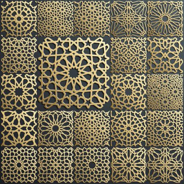 Siyah üzerine altın süs. İslami düzen ayarlandı. Arap geometrik desen demeti, doğu süsü, Hint süsü, İran motifi. Bayram Mübarek duvar sanat altın desen şablonu.