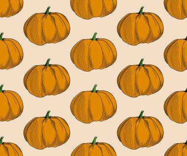 Bej arka planda balkabağı desenli vektör. Kabak pürüzsüz illüstrasyonda moda sonbahar renkleri. EPS 10 Vektörü.