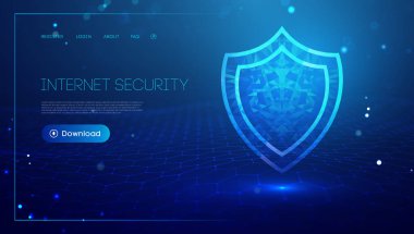 Bilgisayar için internet güvenliği, VPN güvenlik siber kalkan konsepti. Veri güvenlik illüstrasyon koruma kalkanı. Mahremiyet mavi teknoloji arkaplanı.