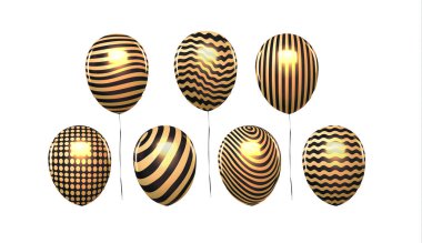 Beyaz arka planda izole edilmiş altın balonlar. Tatil dekorasyon klipsi sanatı kutlaması. Doğum günü partisi karnavalının geçmişi. Sürpriz altın balonlar uçuyor ve parlıyor. Vektör illüstrasyonu Eps 10.