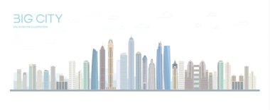 Düz vektör şehir bina tasarımı. Şehir silueti şehir manzarası. Yüksek gökdelenleri olan şehir manzarası. Vektör çizimi. EPS 10