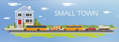 Düz şehir vektör çizimi. Kırsal kesimde mavi bir ev. Otobüs ve spor arabalı kamp minibüsü. EPS 10.