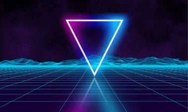 Oyun için geçmişe dönük fütüristik arka plan. Müzik 3D dans galaksisi posteri. 80 'lerin arka plan diskosu. Neon üçgen sentetik dalga dijital tel çerçeveli palmiyeler. Boşluk vektörü.