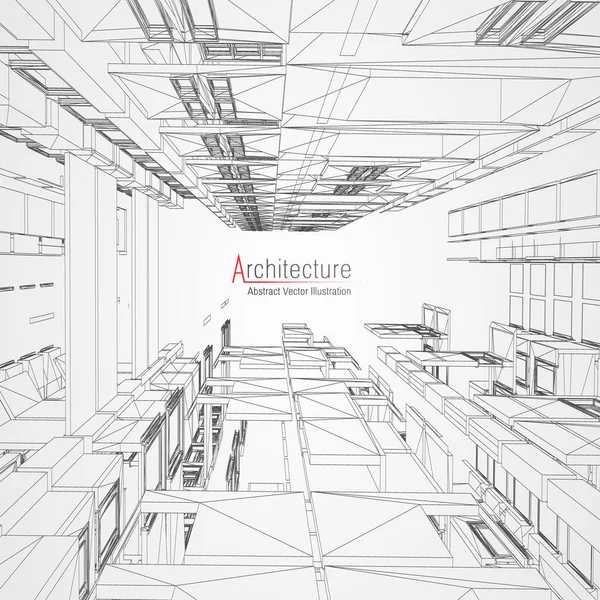 Arkitektur linje bakgrund. Byggnadsskiss vektor abstrakt. Moderna staden 3D-projekt. Tekniskt geometriskt rutnät. Wire ritning hus. Digital arkitektur innovation wireframe. — Stock vektor