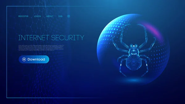 Вирусный паук в низком поли стиле на синем фоне со сферическим щитом. Технология сетевой веб-иллюстрации. Интернет мошенничество абстрактный векторный фон. Хакерская атака. — стоковый вектор