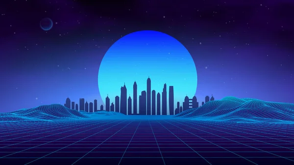 Paisagem retro fundo azul. fundo vetor 3d. Tecnologia futurista paisagem de montanha. Cidade digital neon 80 tecnologia música de fundo. EPS 10. —  Vetores de Stock