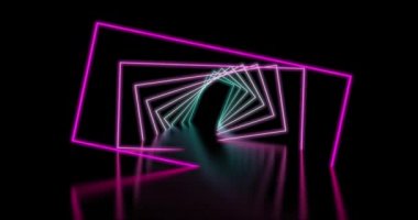 Soyut floresan neon ışıklı dikdörtgen ışık çizgisi arka planı. 4K dikişsiz, mavi, kırmızı, parlak oda. Karanlık stüdyoda dönen parlak pembe neon lambalar..