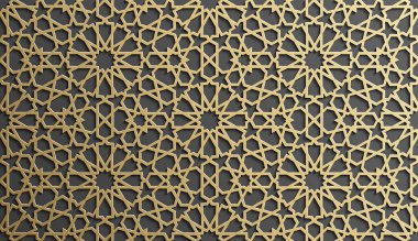 Altın İslami sanat 3D desenli. Şablon İslami motifi. Ramazan kareem vektörü. Müslüman çemberi için süs tasarımı. 3B bayram arkaplanı.