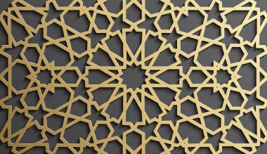 Altın İslami sanat 3D desenli. Şablon İslami motifi. Ramazan kareem vektörü. Müslüman çemberi için süs tasarımı. 3B bayram arkaplanı.