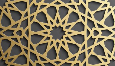 Altın İslami sanat 3D desenli. Şablon İslami motifi. Ramazan kareem vektörü. Müslüman çemberi için süs tasarımı. 3B bayram arkaplanı.