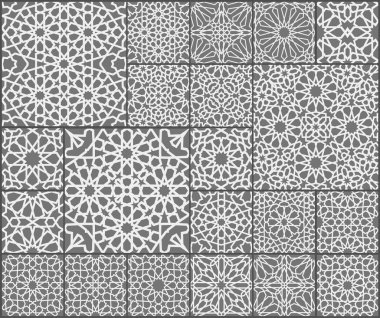 İslami süs vektörü ayarlandı. Arap ramazan desenli döşeme yaması. İslami çiçek motifi Ramazan Mübarek. Müslüman yıldız deseni basit.