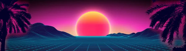 Puesta de sol 3d en la playa. Palmas retro vector sci fi fondo. Superficie cibernética del paisaje digital. Fondo de fiesta de los 80. — Archivo Imágenes Vectoriales