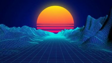 Sentetik kablo şeması manzarası. Güneş ızgaranın üzerinde. 80 'lerin tarzı geçmişe dönük fütürizm. Retro dalga ufku manzarası. 80 'lerin fütüristik bilim kurgu 4K kusursuz döngüsü.