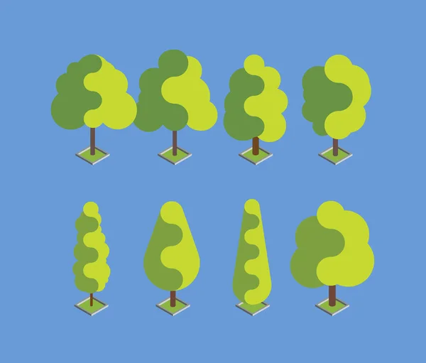 Set pohon isometrik hijau datar. Gambar vektor desain datar. EPS 10. - Stok Vektor