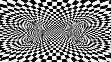 4k kusursuz döngü. Satranç illüzyonu geometrik kaleydoskop. Solucan deliği odası. Siyah ve beyaz optik illüzyon tüneli. Checkerboard hareket ediyor.