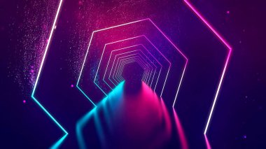 Neon ışıkları olan bir oda. Neon koridorlu ultraviyole soyut arka plan. 3D teknoloji geçmişi. Renkli iç mekan, parlak ışınlar ve lazerlerle aydınlandı. 3d oluşturma.