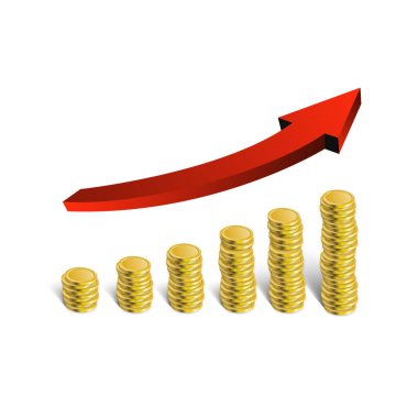 Finansal büyüme 3d kırmızı ok vektörü. Yığılmış madeni paralar illüstrasyonu. EPS 10
