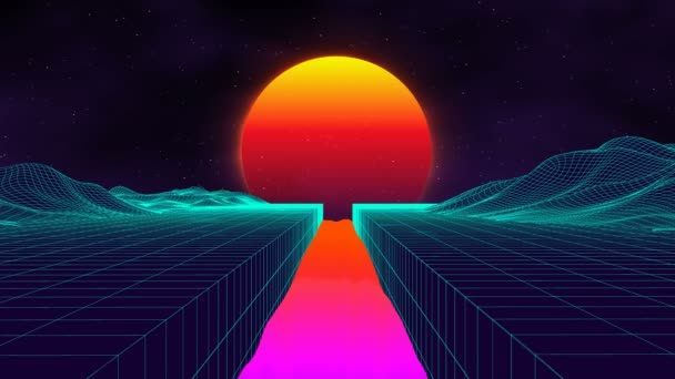 Synthwave breddar landskapet. Solen över nätet. 80-tals stil retro futurism bakgrund. Retro våg horisont landskap. 80-talets futuristiska sci-fi 4K Sömlös loop. — Stockvideo