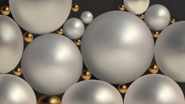 Yumuşak koyu arkaplanda soyut 3 boyutlu küreleri olan modaya uygun bir poster. Modern desenli vektör kavramı. Soyut 3d geometrik arkaplan.