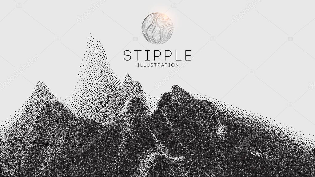 Vector landscape of mountain in dotwork style. Stipple illustration design. Old retro dot texture vintage gradient. Pointillism graphic. Grain terrain wallpaper.